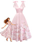 Robe rose fleurs col V et nœuds aux épaules années 40