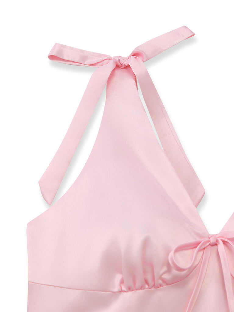 Robe Florale à Col V avec Nœud aux Épaules Rose Années 1940