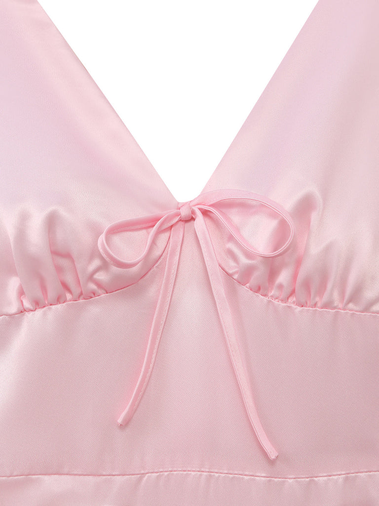 Robe Florale à Col V avec Nœud aux Épaules Rose Années 1940