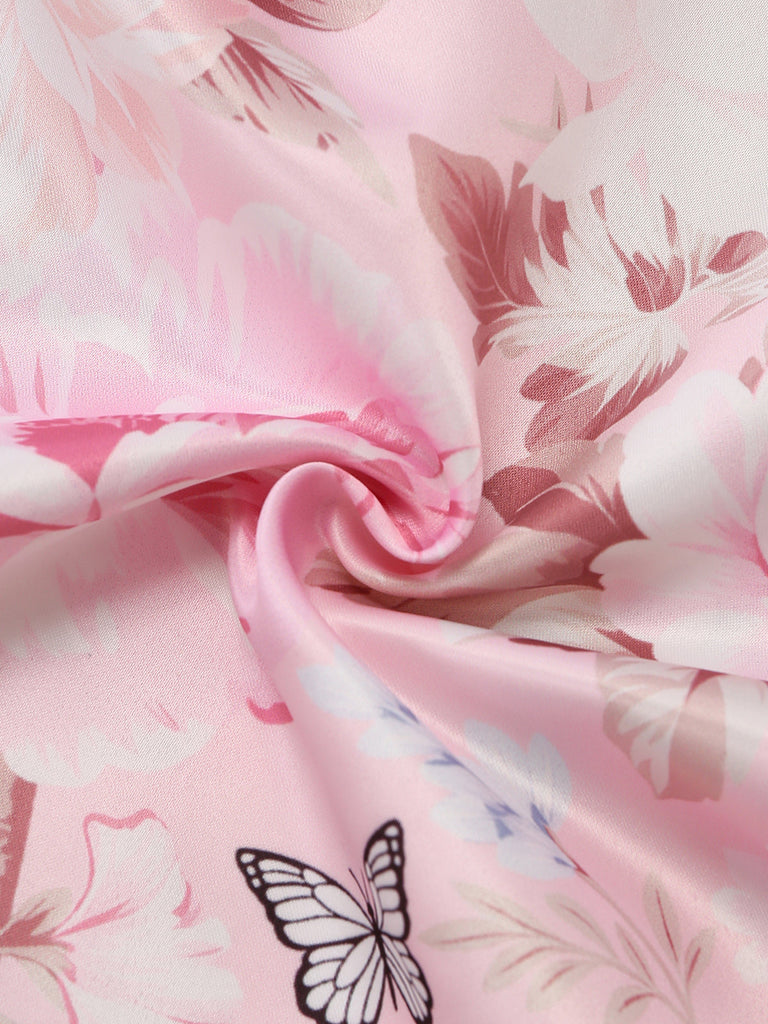 Robe Florale à Col V avec Nœud aux Épaules Rose Années 1940