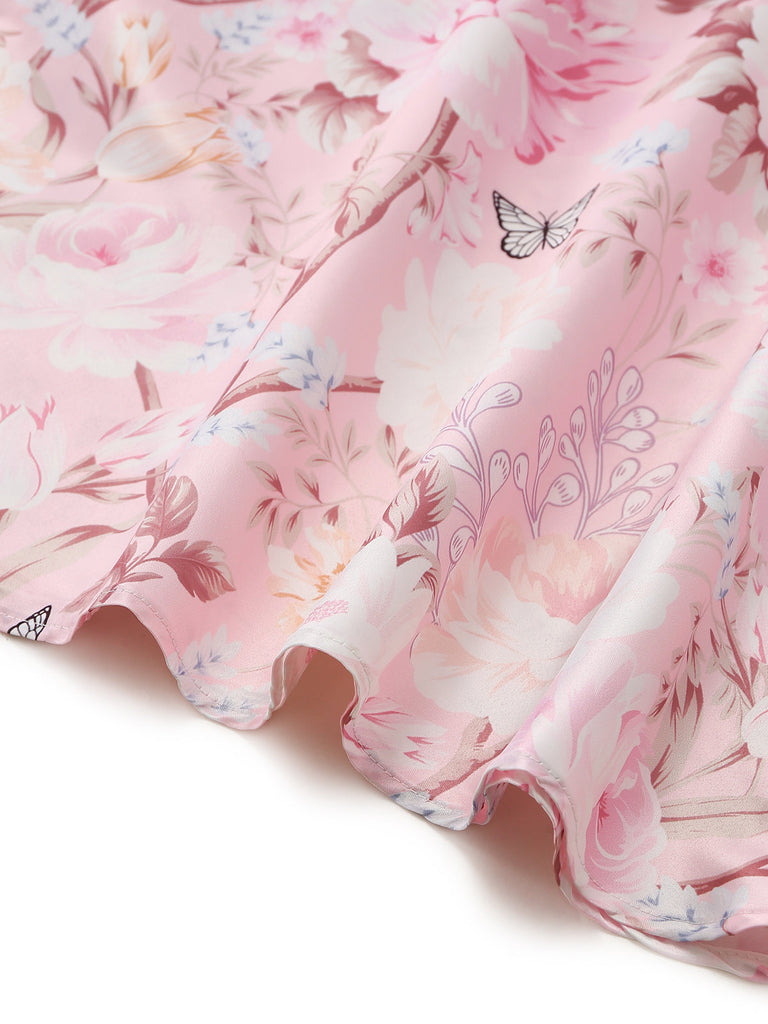 Robe Florale à Col V avec Nœud aux Épaules Rose Années 1940