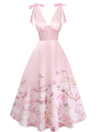 Robe Florale à Col V avec Nœud aux Épaules Rose Années 1940