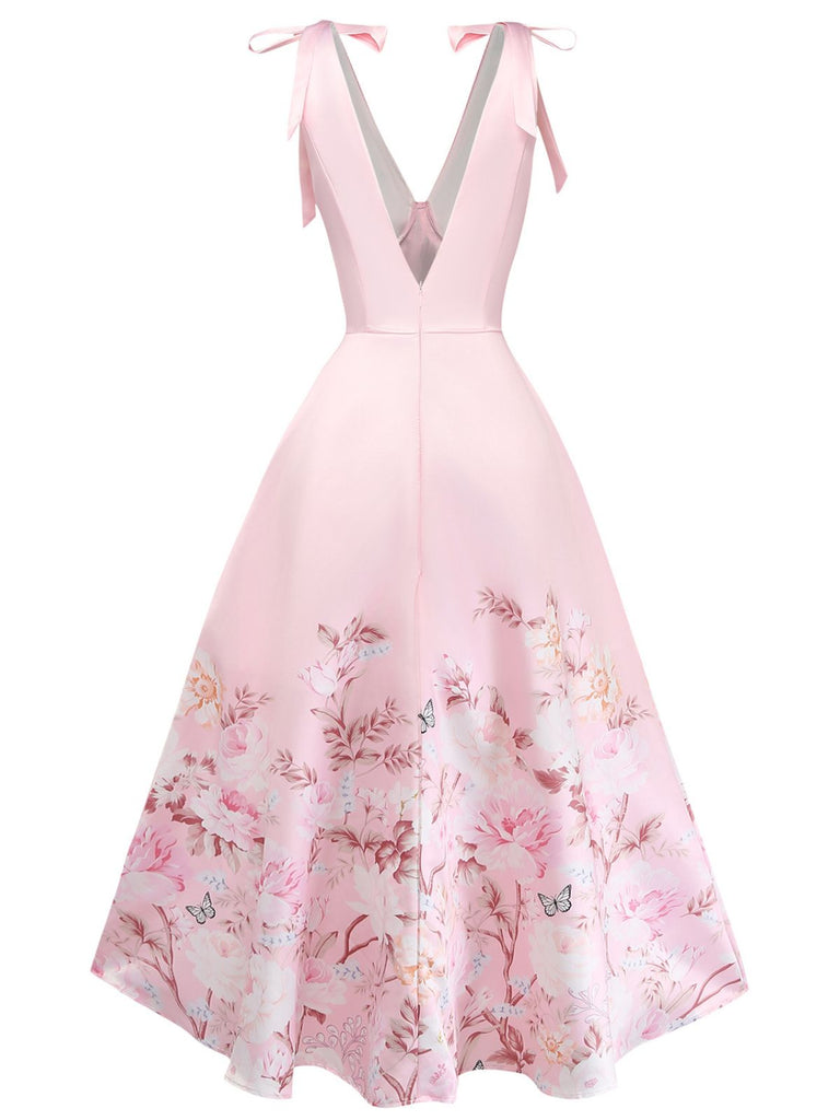 Robe Florale à Col V avec Nœud aux Épaules Rose Années 1940