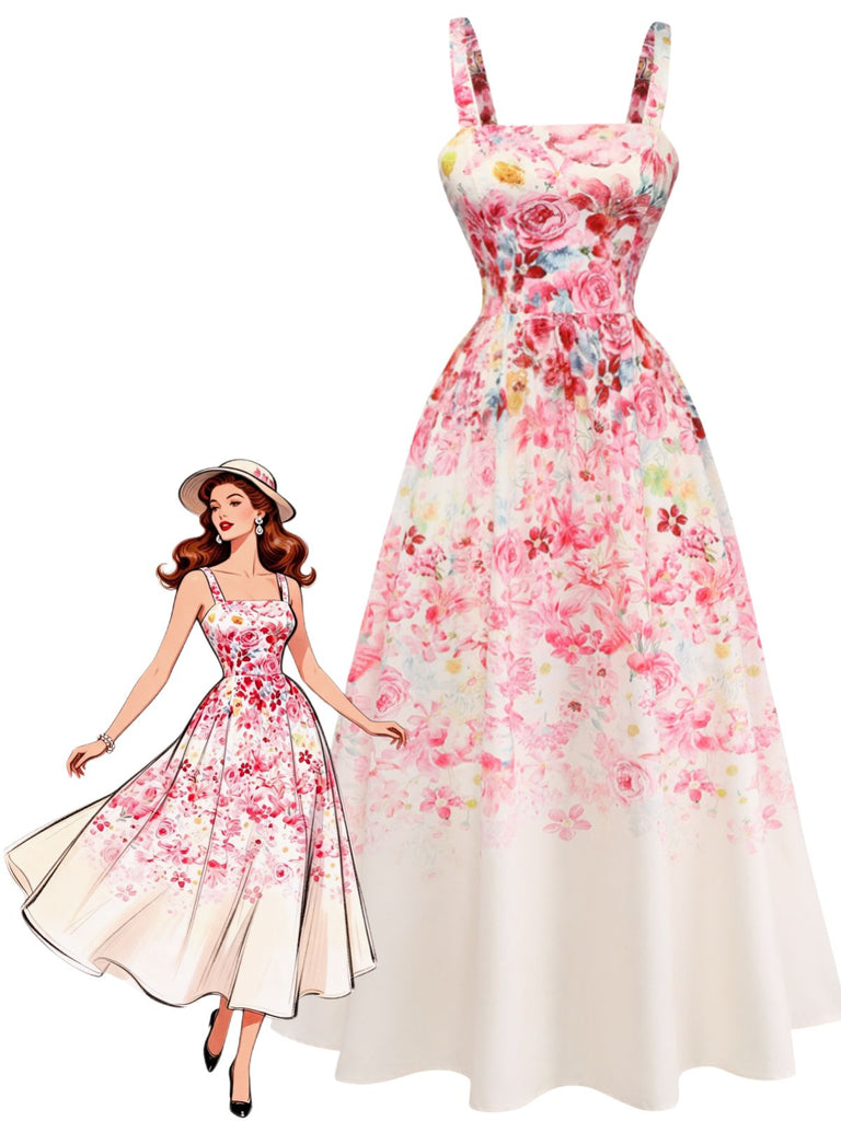 Robe Rose Floral Sans Manches Midi Années 1940