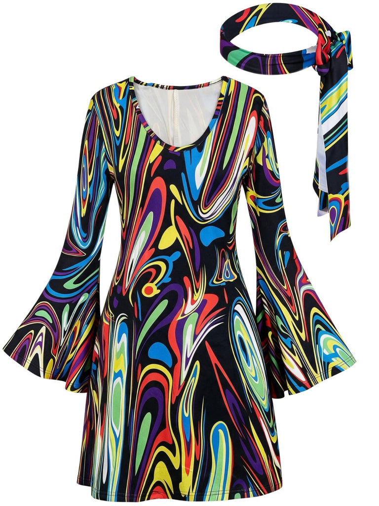 Mini Robe Imprimé Psychédélique Manches Évasées avec Bandeau Années 1970