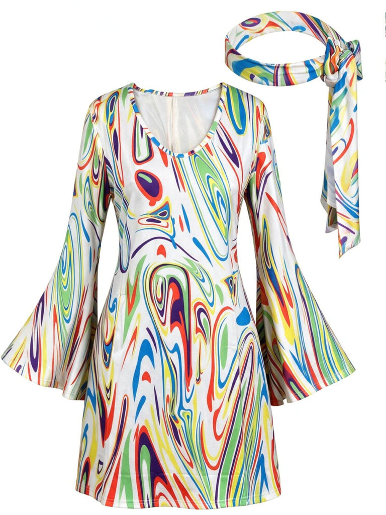 Mini Robe Imprimé Psychédélique Manches Évasées avec Bandeau Années 1970 3