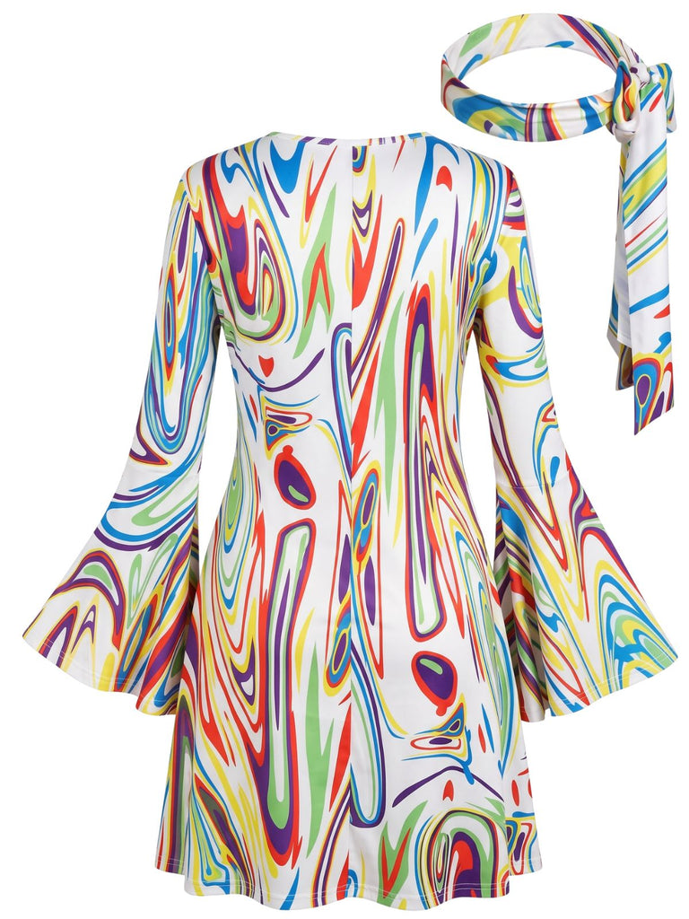 Mini Robe Imprimé Psychédélique Manches Évasées avec Bandeau Années 1970 4
