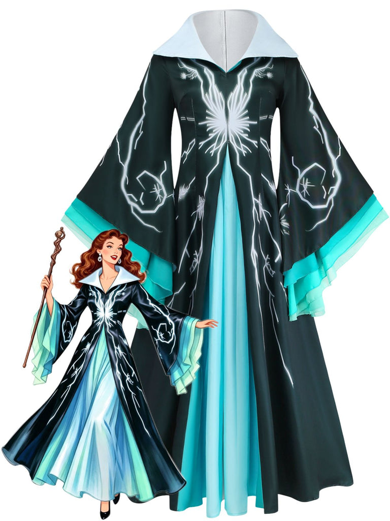 Halloween Noir et Bleu Éclair Sorcier Cape Costume Robe Années 1940