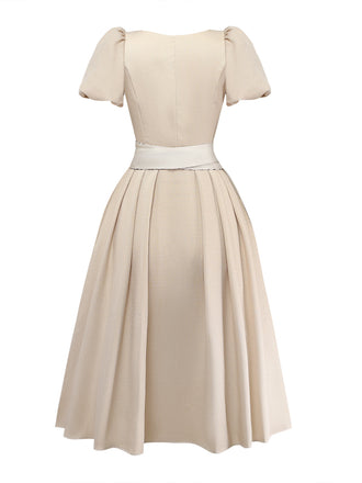 2PCS Robe Col Carré Beige Manches Bouffantes & Tablier Années 1950 2
