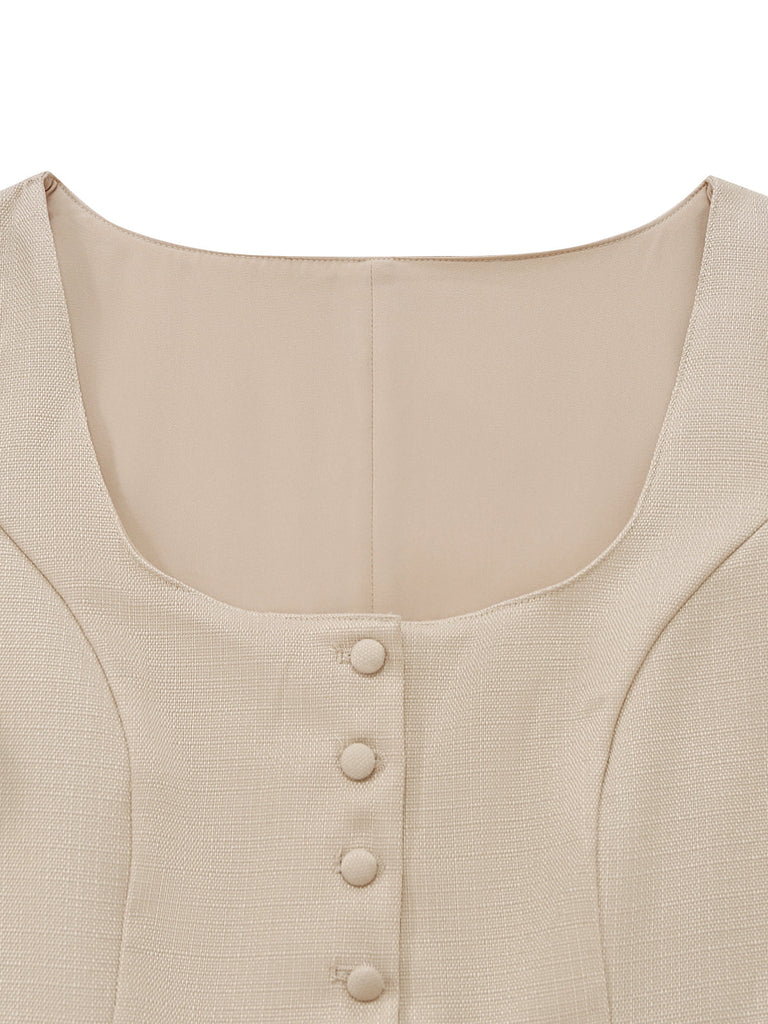 2PCS Robe Col Carré Beige Manches Bouffantes & Tablier Années 1950 3