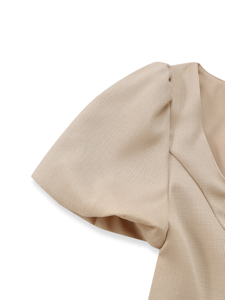 2PCS Robe Col Carré Beige Manches Bouffantes & Tablier Années 1950 4