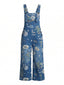 Salopette Imprimée Fleur Denim avec Poches Bleu Années 1950