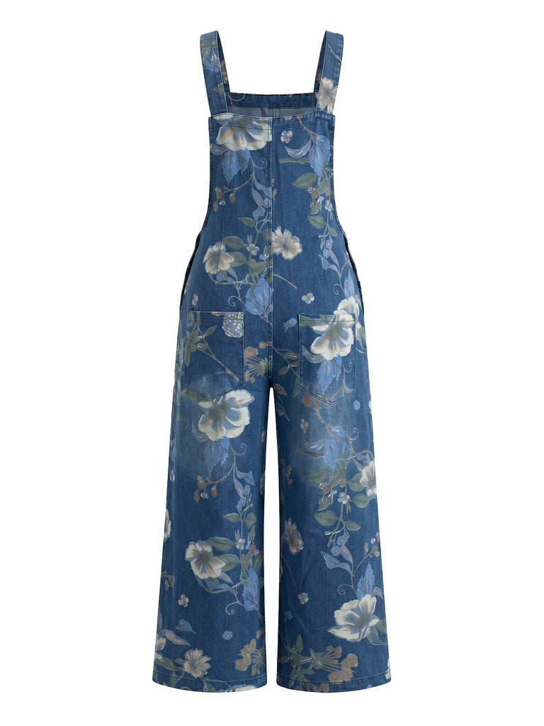 Deep Blue 1950s Floral Denim Classic Jumpsuit 2