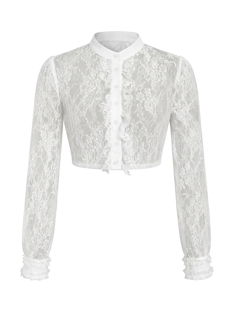 Blouse Courte Blanche Dentelle Col Mao à Volants Années 1950