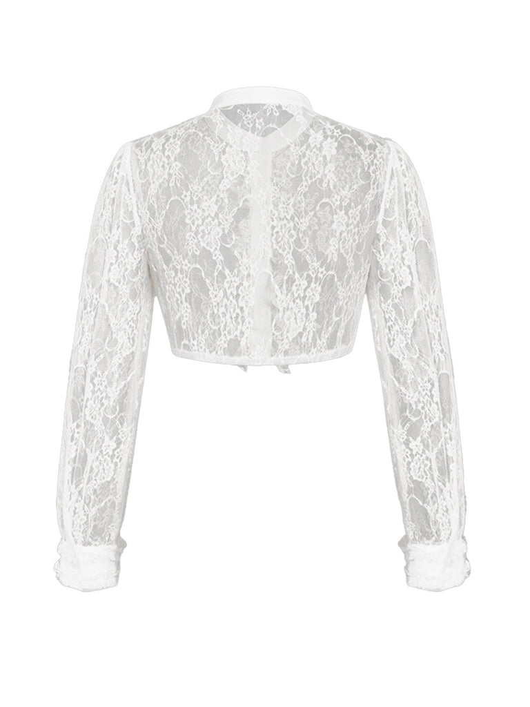 Blouse Courte Blanche Dentelle Col Mao à Volants Années 1950 2