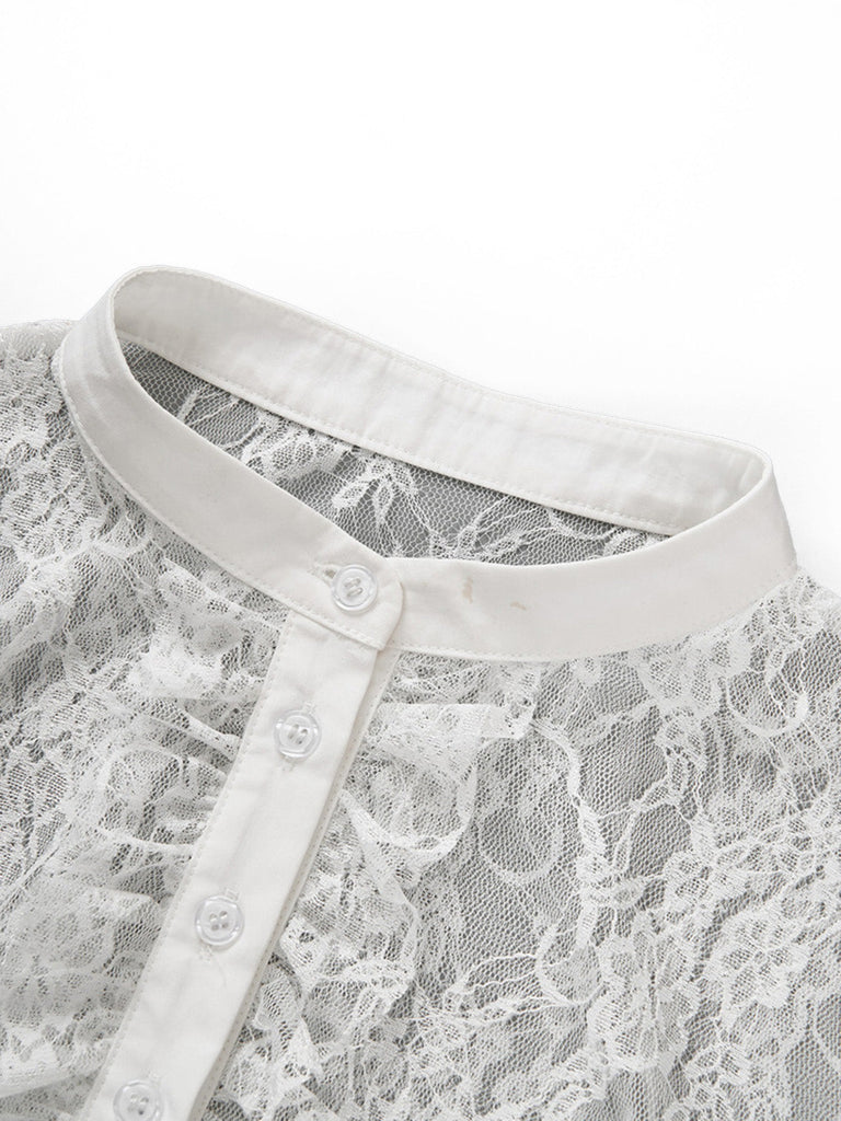Blouse Courte Blanche Dentelle Col Mao à Volants Années 1950 3