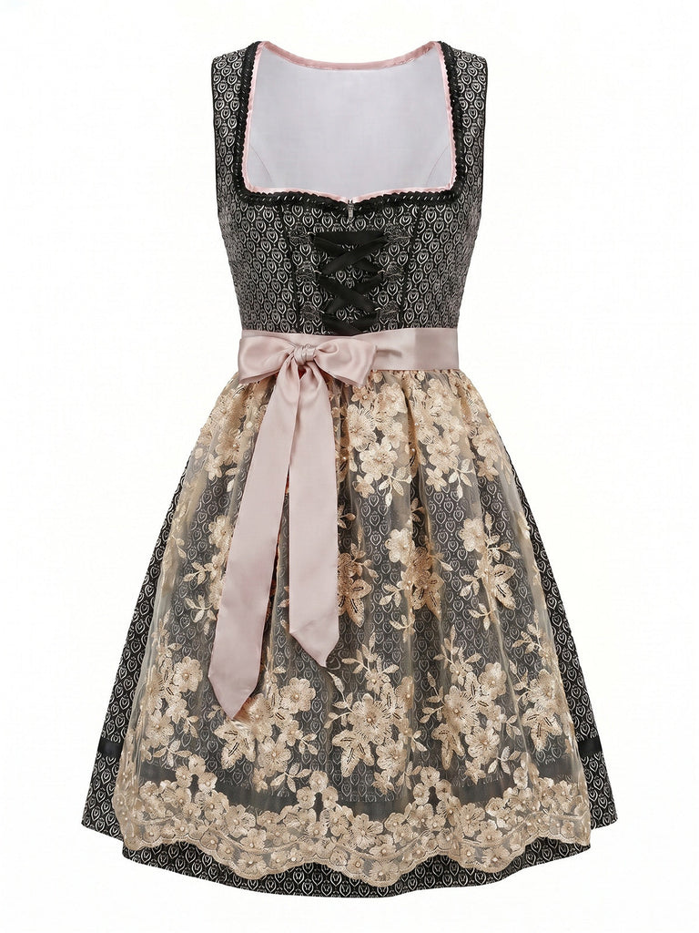 3PCS Robe Noire Col Carré & Tablier Floral & Haut en Dentelle Années 1950 2