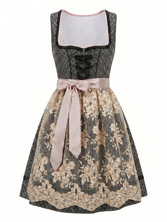 Robe Noire Col Carré & Tablier Dentelle Florale Années 1950