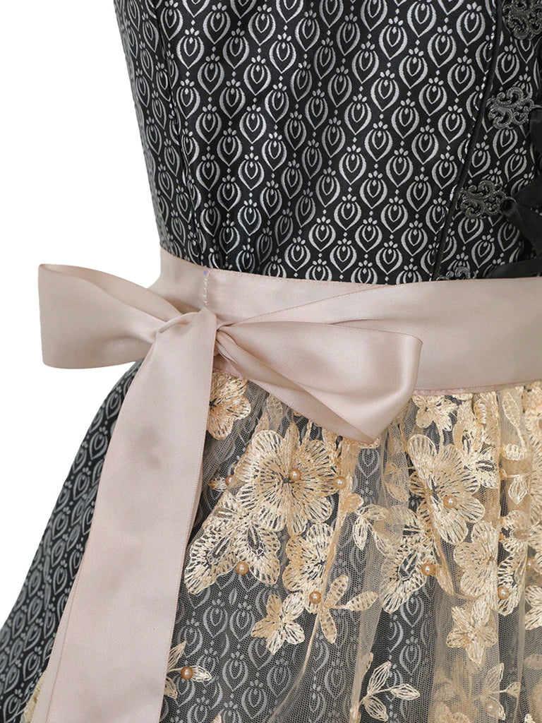 3PCS Robe Noire Col Carré & Tablier Floral & Haut en Dentelle Années 1950 4