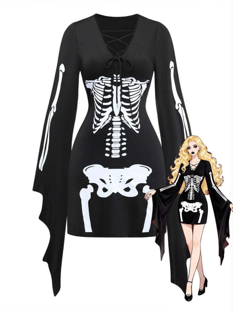 Robe Gothique Squelette à Lacets et Manches Évasées Noir Années 1970