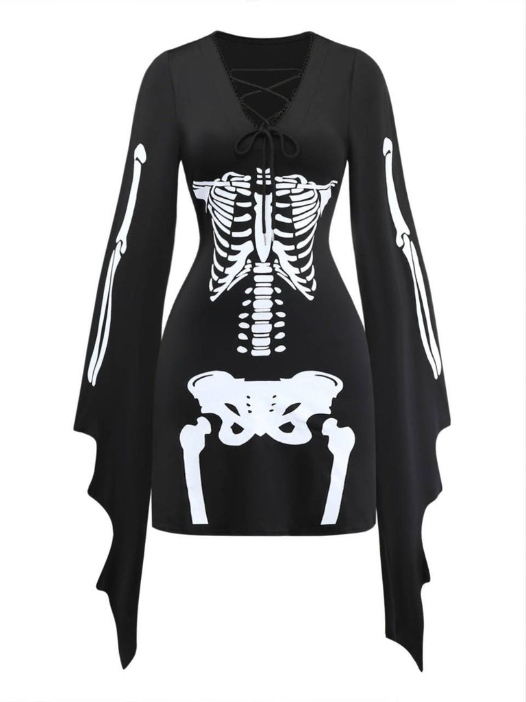 Robe Gothique Squelette à Lacets et Manches Évasées Noir Années 1970
