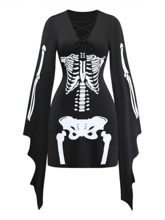 Robe Gothique Squelette à Lacets et Manches Évasées Noir Années 1970