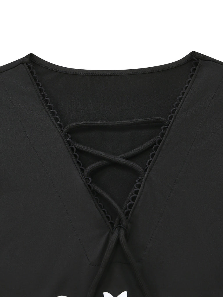 Robe Gothique Squelette à Lacets et Manches Évasées Noir Années 1970