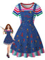 Robe bleue jean motif rayures arc-en-ciel années 40