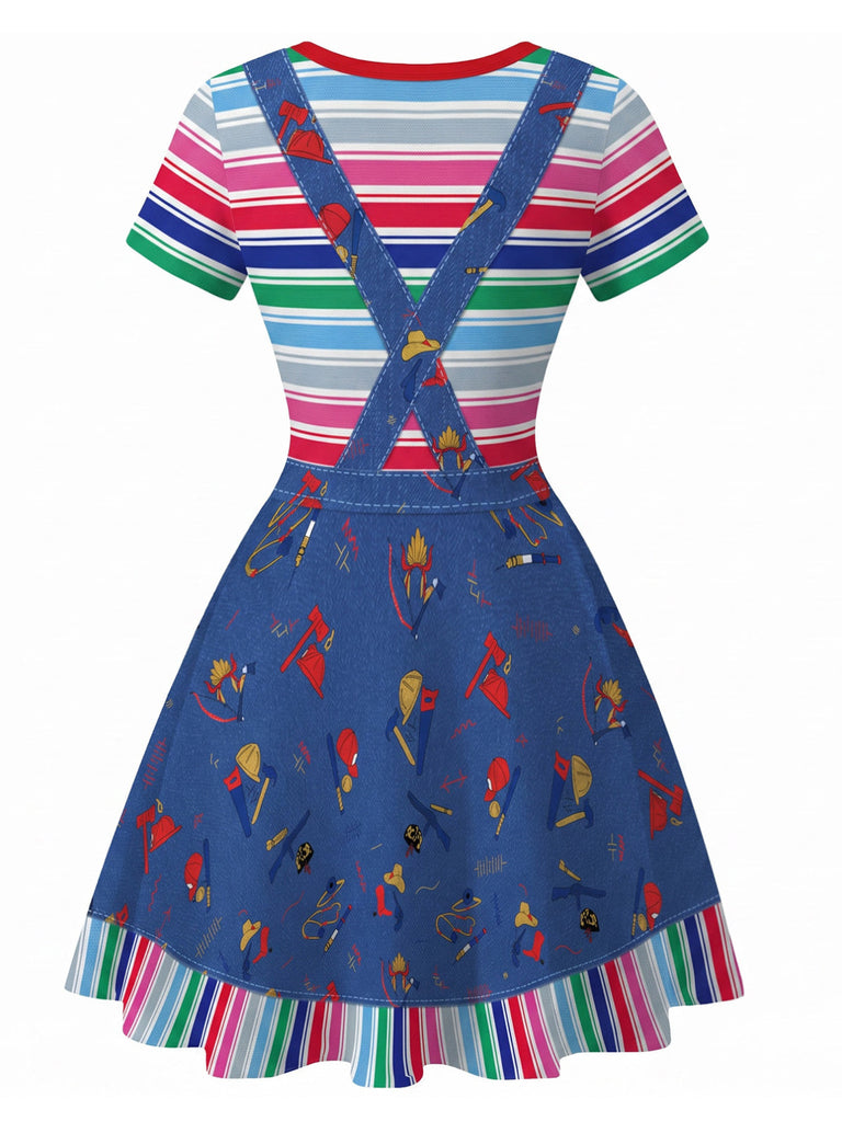 Robe Graphique en Denim à Rayures Arc-en-Ciel Bleu Années 1940