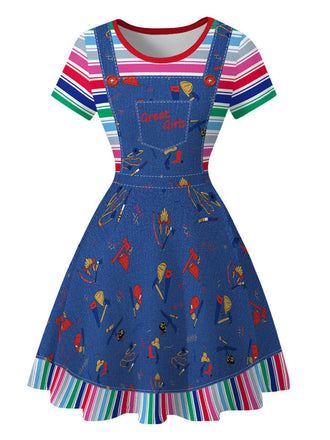 Robe Graphique en Denim à Rayures Arc-en-Ciel Bleu Années 1940
