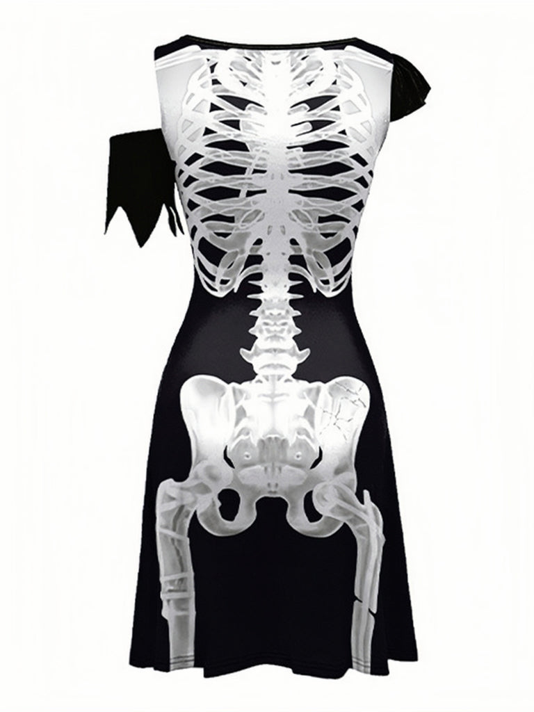 Robe d’Halloween à imprimé squelette et coupe évasée années 1940