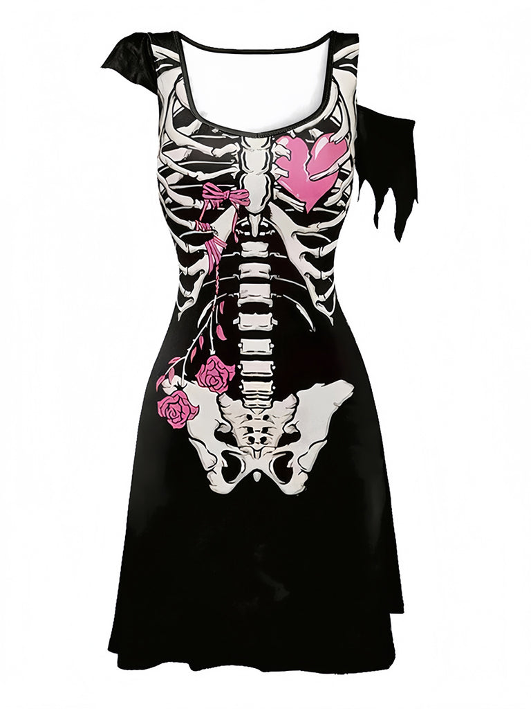 Robe d’Halloween à imprimé squelette et coupe évasée années 1940