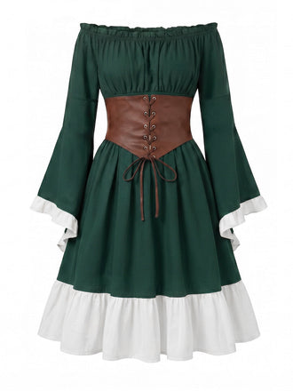 Robe Épaules Dénudées Manches Cloche avec Lacé Corset Belt Années 1970