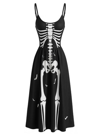 Robe noire d’Halloween à fines bretelles et motif squelette années 1930