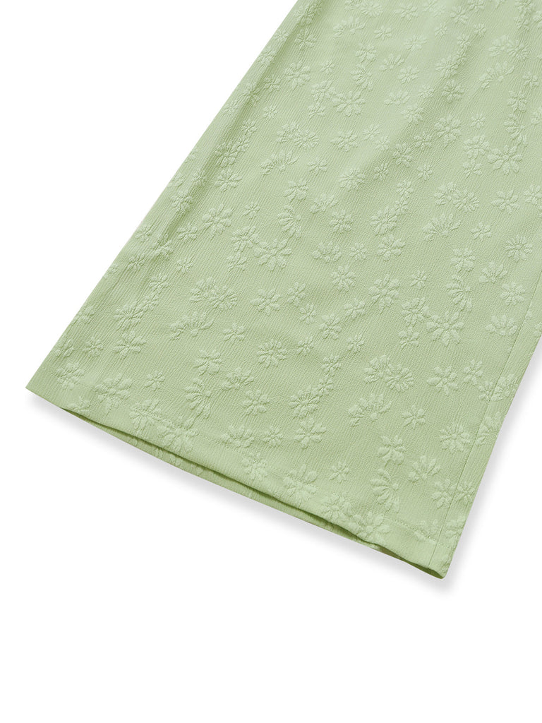Combinaison vert à bretelles fines, nœud, jacquard et jambes larges Années 1950