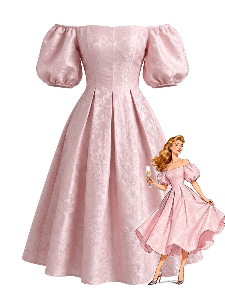 Robe à Épaules Dénudées et Manches Bouffantes Imprimé Jacquard Rose Années 1950