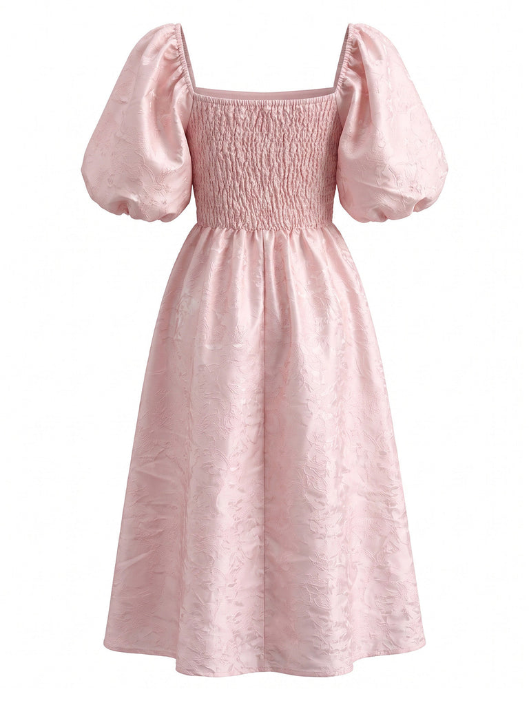 Robe à Épaules Dénudées et Manches Bouffantes Imprimé Jacquard Rose Années 1950