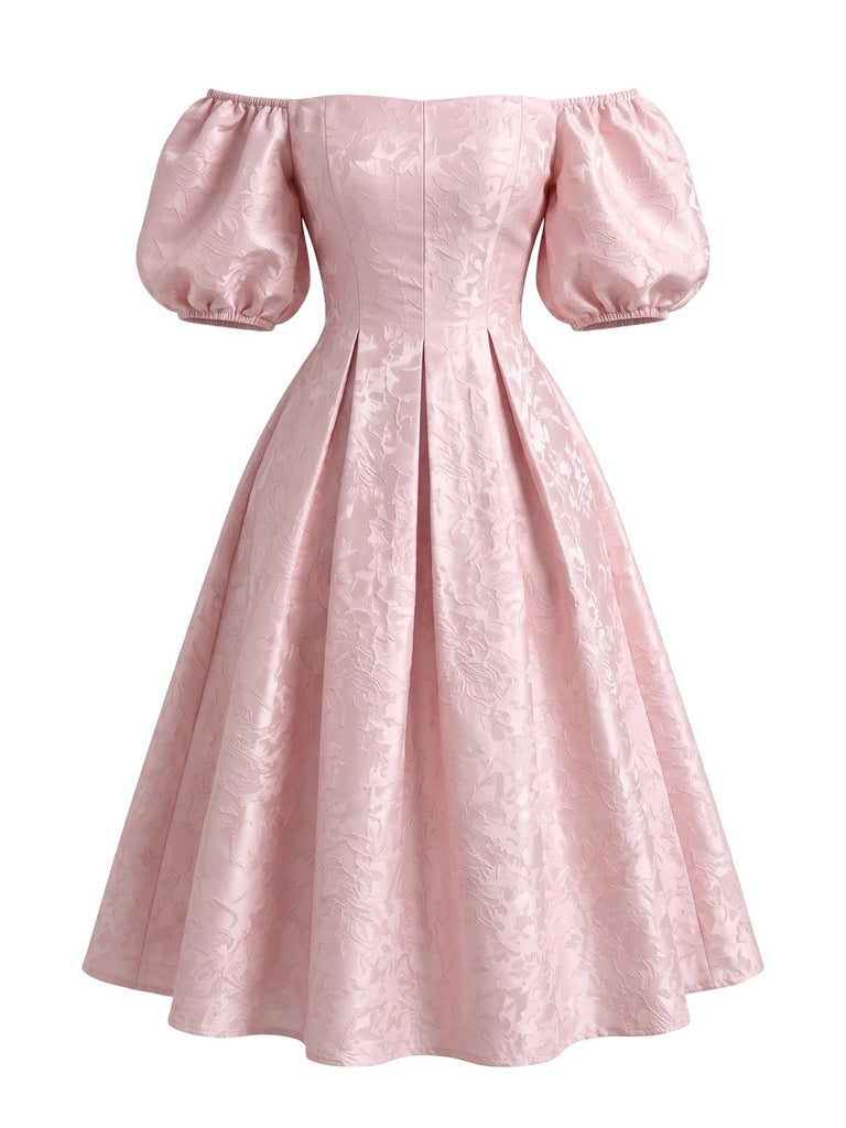 Robe à Épaules Dénudées et Manches Bouffantes Imprimé Jacquard Rose Années 1950