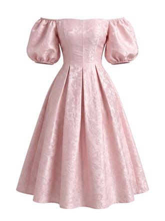 Robe à Épaules Dénudées et Manches Bouffantes Imprimé Jacquard Rose Années 1950
