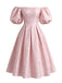 Robe à Épaules Dénudées et Manches Bouffantes Imprimé Jacquard Rose Années 1950