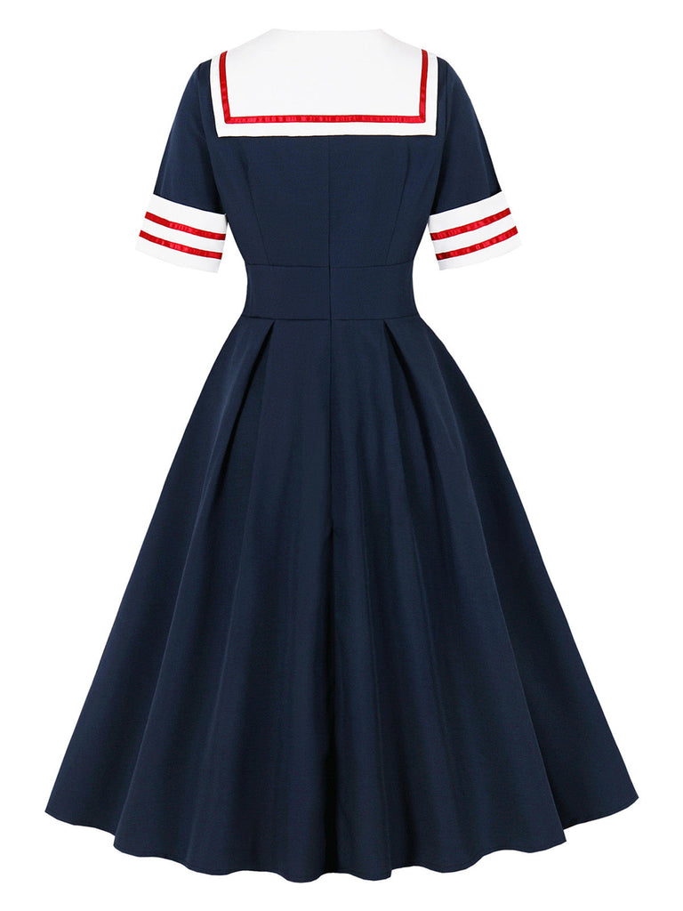 Robe Évasée à Col Marin Nautique Bleu Foncé Années 1950