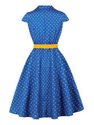 Robe à Pois Manches Courtes Revers Ceinturé Années 1950