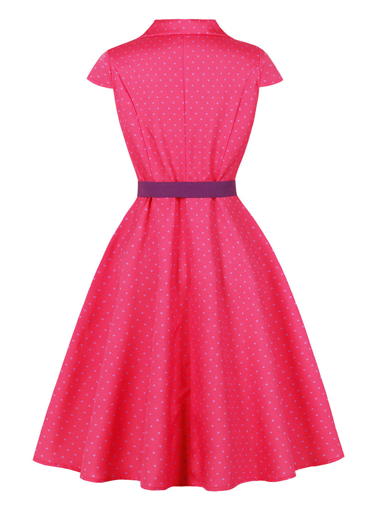 Robe à Pois Manches Courtes Revers Ceinturé Années 1950