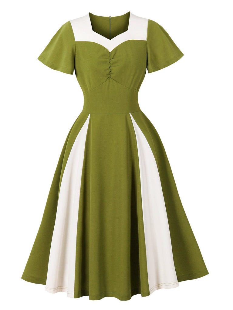 Robe Évasée Verte Col Cœur Panneau Contrasté Années 1950