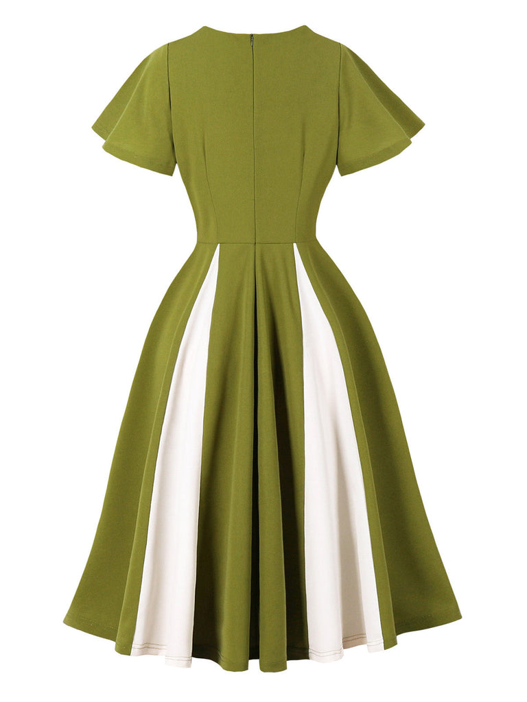 Robe Évasée Verte Col Cœur Panneau Contrasté Années 1950 2