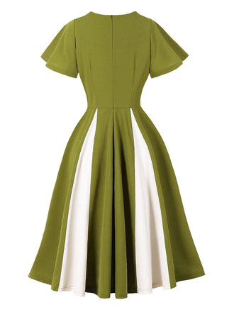 Robe Évasée Verte Col Cœur Panneau Contrasté Années 1950 2
