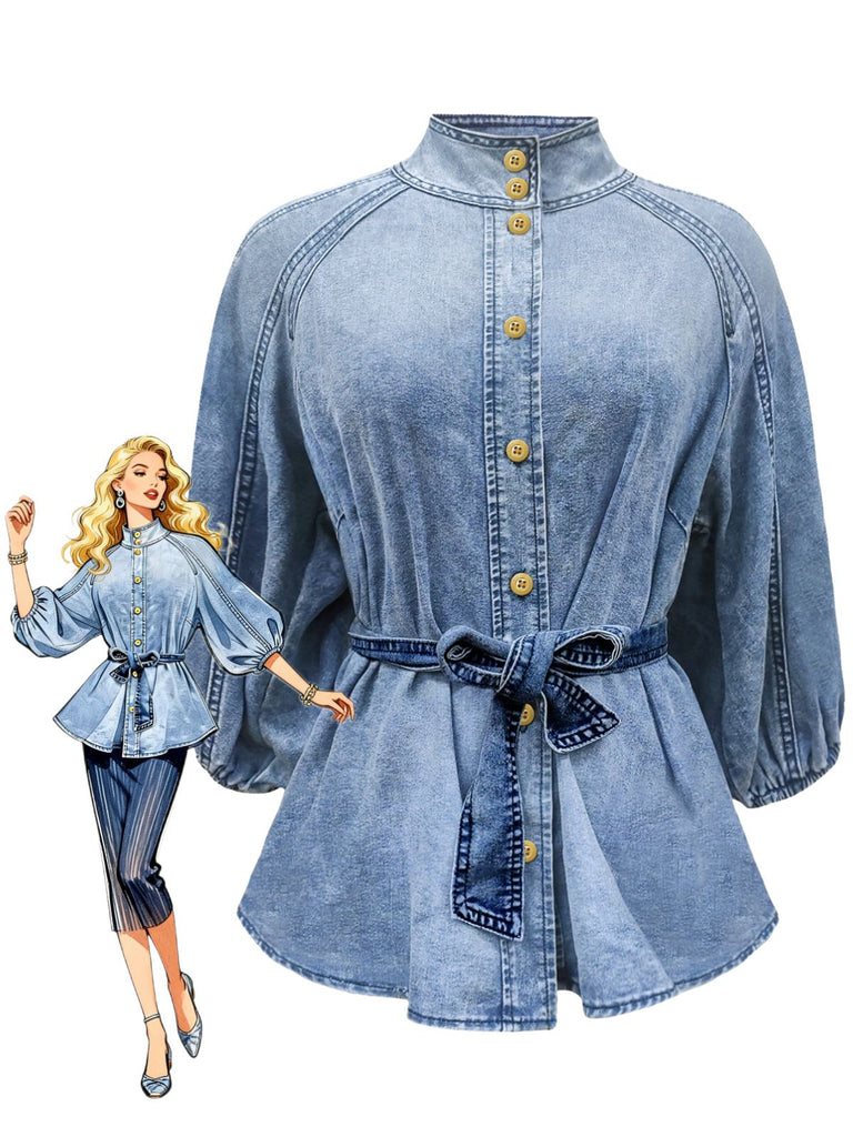Blouse en Denim à Col Mandarin et Manches Bouffantes Bleu Années 1960