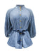 Blouse en Denim à Col Mandarin et Manches Bouffantes Bleu Années 1960