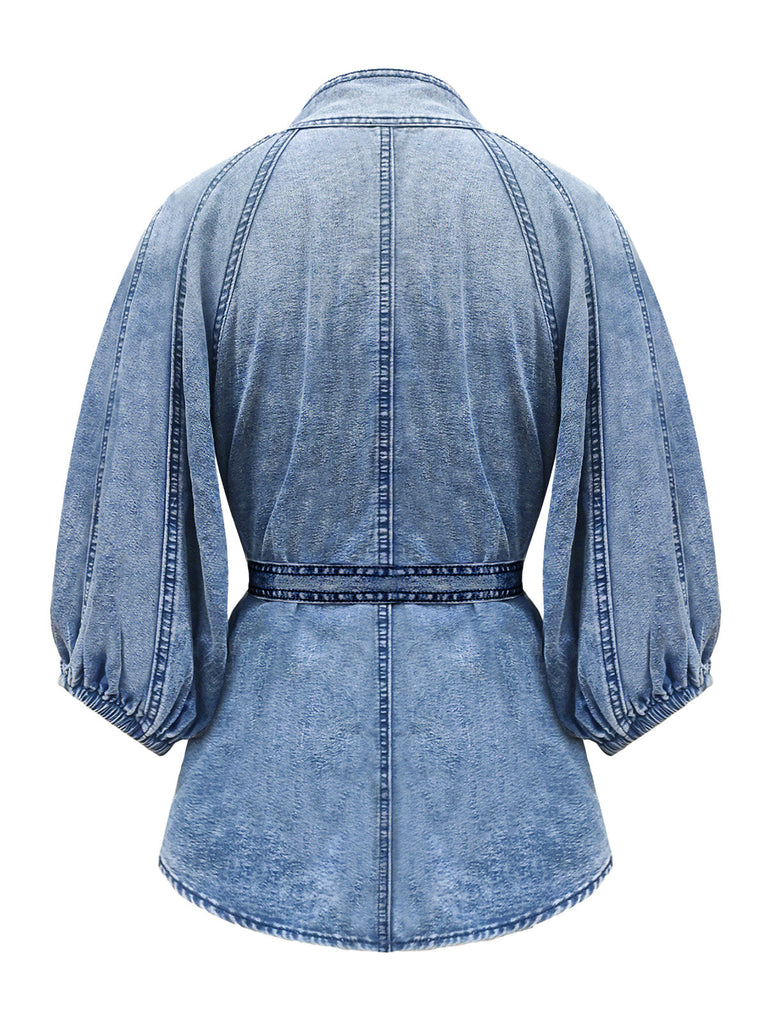 Blouse en Denim à Col Mandarin et Manches Bouffantes Bleu Années 1960