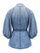 Blouse en Denim à Col Mandarin et Manches Bouffantes Bleu Années 1960